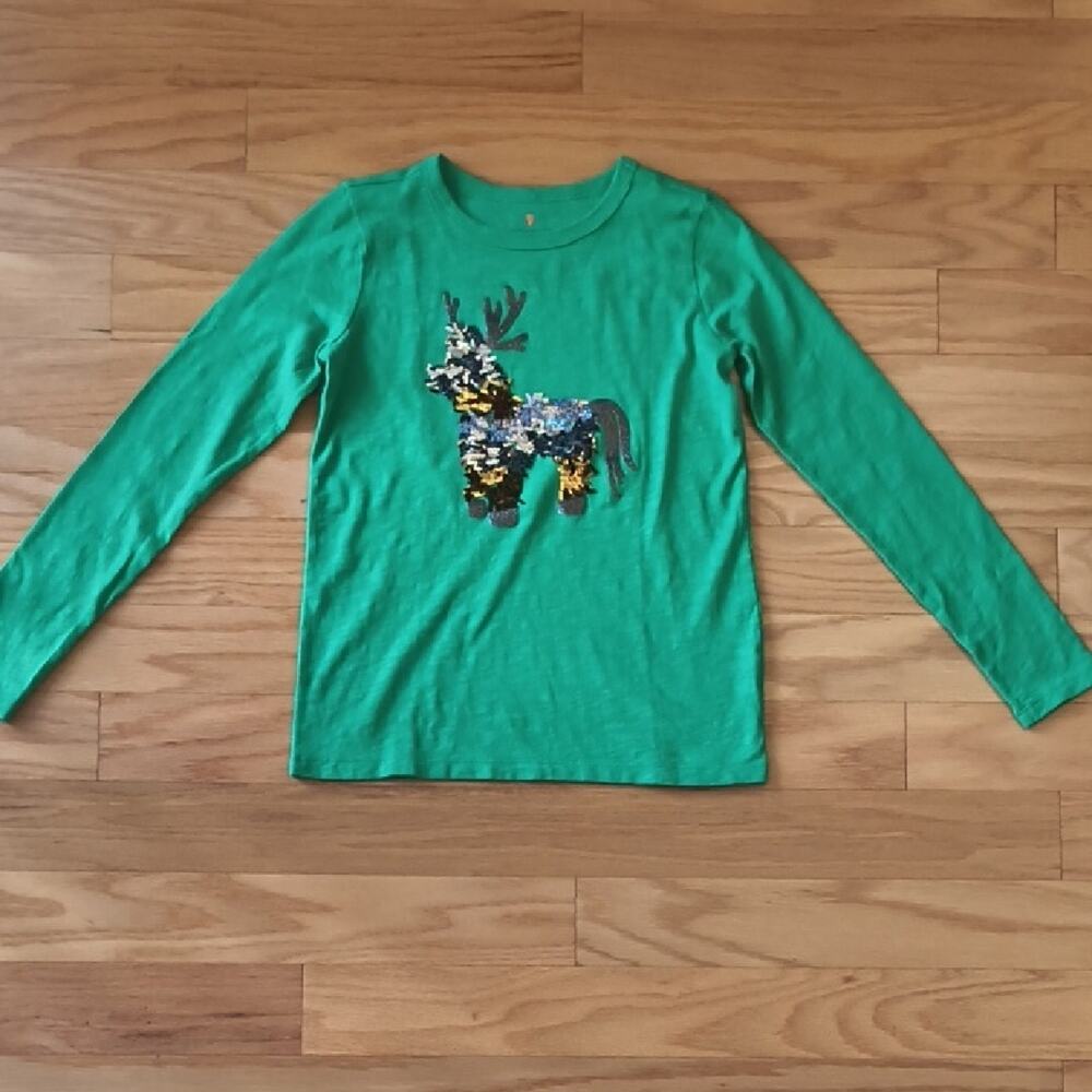 Crewcuts Green Long Sleeve Shirt Sequin Reindeer/Caribou Size L NWOT